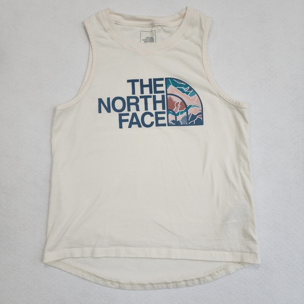 The North Face Half Dome Tank Top Womens Medium Beige Graphic Spellout Logo